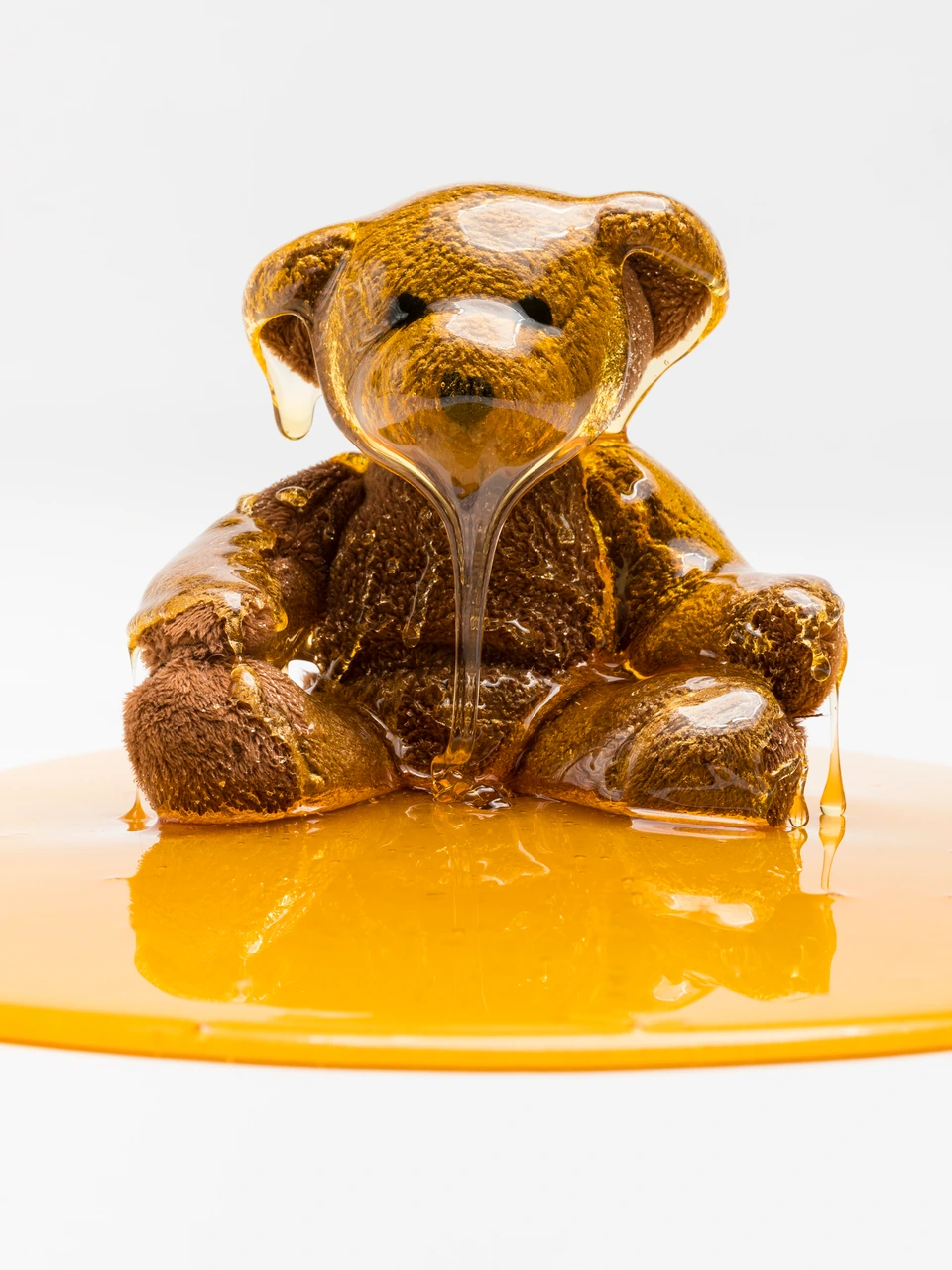 A teddy bear covered in flowing golden honey against a white background.